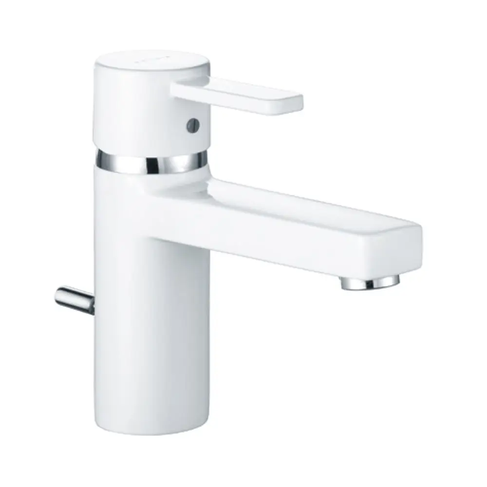 Kludi Wasserhahn in weiß mit chromfarbener Betätigung, mit einem Hebel zur Temperatur- und Durchflussregelung. Kompakte Bauform für moderne Badezimmer.